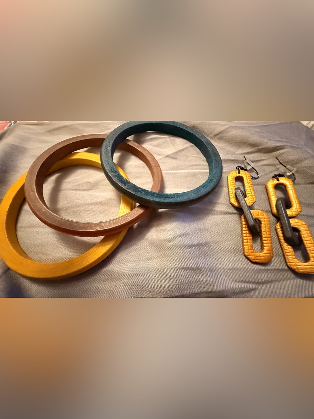 Wooden Bangle Set and Resin Link Earrings - Yellow, Brown, Teal